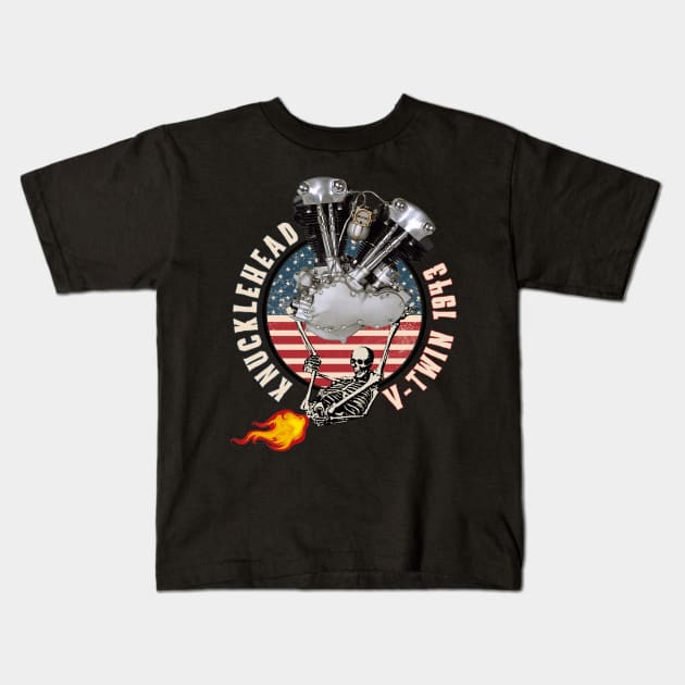 1943 HD Knucklehead VTwin Flame Farting Motorcycle Americana Kids T-Shirt by The Dirty Gringo